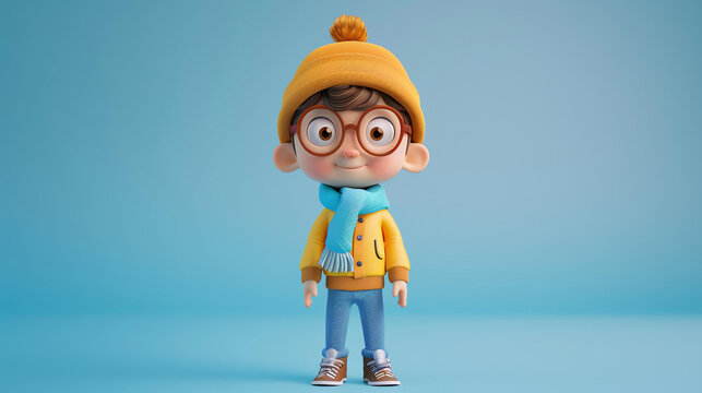 3D rendering of a cute cartoon boy wearing a yellow hat, blue scarf, and yellow jacket.