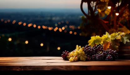Poster Wooden table with copy space, dark vineyard background © xamtiw
