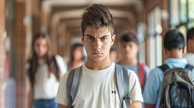 Bully. stressed unhappy. male student bullying in school