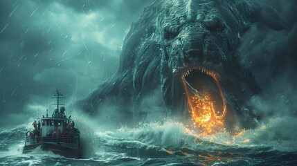Background of a sea monster that is going to swallow the boat with its big mouth wide open facing the camera-edit - obrazy, fototapety, plakaty