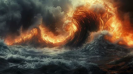 Fotobehang Raging sea, fighting boat on fire © Pters