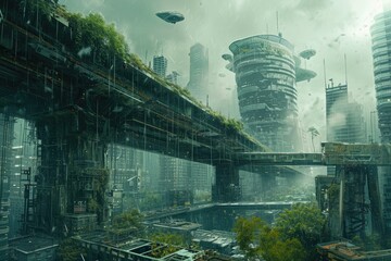Urban setting transformed into a futuristic sci fi landscape