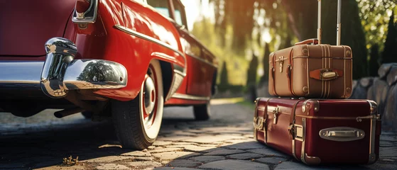 Papier Peint photo Lavable Voitures anciennes Travel, vacation journey, Vintage Car with Stylish Suitcases on Sunny Day, Road Trip