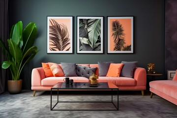 Modern stylish sitting room with Peach sofa and side chair with grey cushions aside a large tropical floor plant set against a grey wall with three large floral wall art frames interior room design - obrazy, fototapety, plakaty
