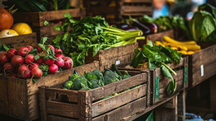 vegetable shop. organic shop farmers market, vegetarian, vegan food background. Fresh healthy vegetables in wooden boxes on table