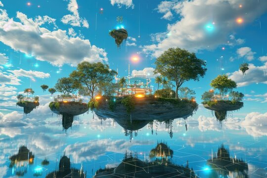 3D surreal landscape with floating islands