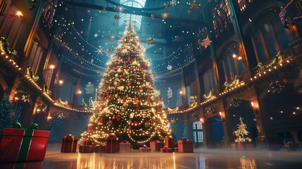 A huge Christmas tree with bright lights and presents