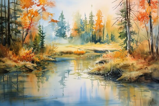 Watercolor masterpiece depicting a serene natural scene