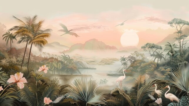 Tropical Landscape Wallpaper. storks in the forest. Hand Drawn Design. Luxury Wall Mural. 
