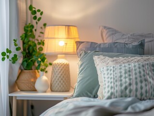 Cozy bedroom interior, nightstand with lamp and home plant near bed. Close up shot of bed headboard...
