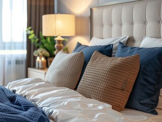 Cozy bedroom interior, nightstand with lamp and home plant near bed. Close up shot of bed headboard with pillows and bedside table. Apartment in scandinavian style - Powered by Adobe