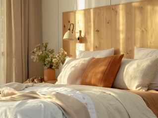 Cozy bedroom interior, nightstand with lamp and home plant near bed. Close up shot of bed headboard...
