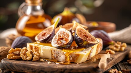 a slice of bread with figs, cheese, honey and walnuts for as a dessert or a snack, nice presentation on a wooden cheese board - obrazy, fototapety, plakaty