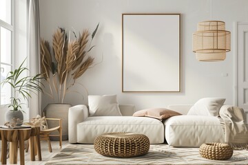Frame mockup, ISO A paper size. Living room wall poster mockup. Interior mockup with house background. Modern interior design. 3D render