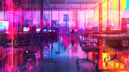 Fototapeta premium Modern neon cyberpunk open space office interior blurred with information technology overlay. Corporate strategy for finance, operations, marketing. Tables with computers for work. Technology