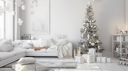 Stylish Christmas scandinavian minimalistic interior with white decor - obrazy, fototapety, plakaty