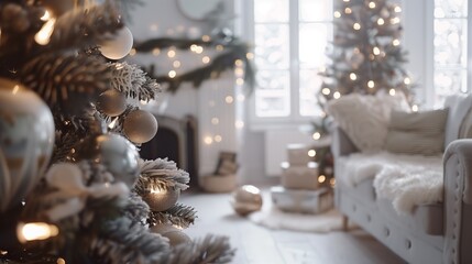 Stylish Christmas scandinavian minimalistic interior with white decor - obrazy, fototapety, plakaty