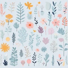 Fototapeta premium A collection of seamless pattern, colorful abstract plants and flowers. Hand drawn Collection of leaves and flowers. A close up of a pattern of flowers and leaves. 