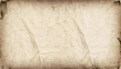 Obraz premium Grunge empty crumpled paper background frame with vignette border. Dirty distressed sepia toned vintage 8k 16:9 weathered old creased photo texture. Retro overlay template backdrop