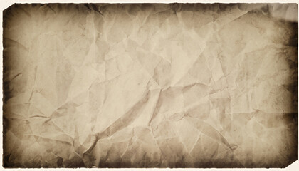 Grunge empty crumpled paper background frame with vignette border. Dirty distressed sepia toned vintage 8k 16:9 weathered old creased photo texture. Retro overlay template backdrop