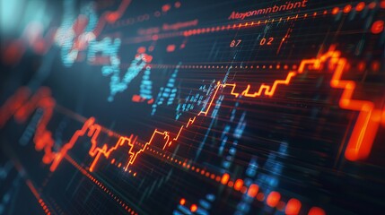 Dynamic charts of digital currencies, digital exchange rates, and stock investments. Dynamic charts and numbers with vibrant orange and blue colors.