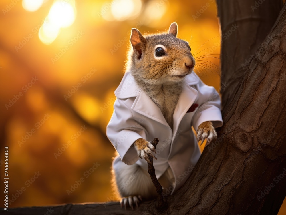 Poster a squirrel in a lab coat sitting on a tree branch. generative ai.