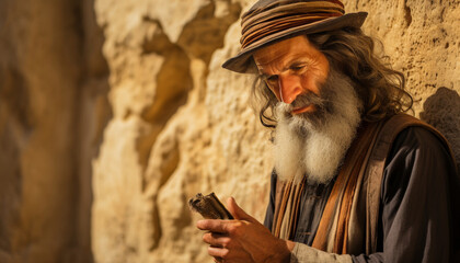 Elderly arab pilgrim standing by the rock on a summer day, holding an ancient scroll in his hands - obrazy, fototapety, plakaty
