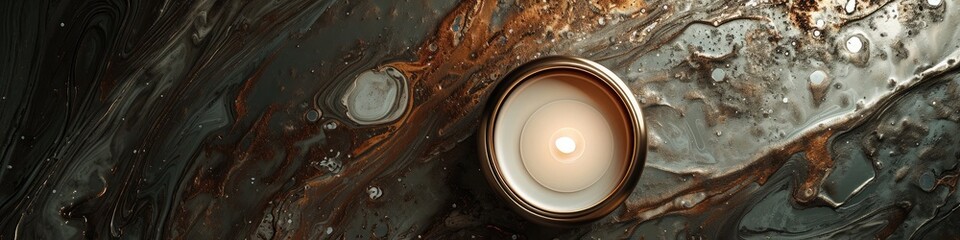 A top-down tableau featuring a soy candle nestled within a metallic haven, set against a seamless backdrop of deep, solid hues. An invitation to find peace in contemporary simplicity. - obrazy, fototapety, plakaty