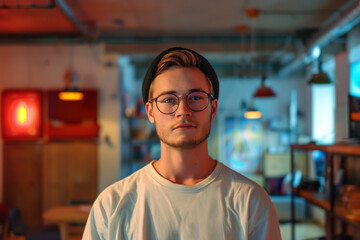Young handsome hipster guy in a modern youth hostel, cafe or anticafe in the evening.