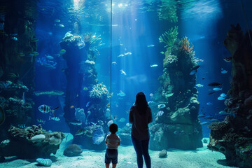 Little boy with mother watches fishes in aquarium. Family visit in seaquarium. Children admiring of...