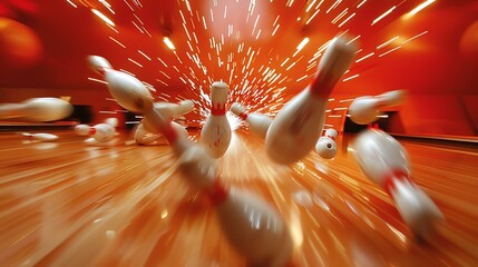 Motion blur image of bowling pins being hit by a bowling ball. The pins are flying in all directions and the bowling ball is still in motion.