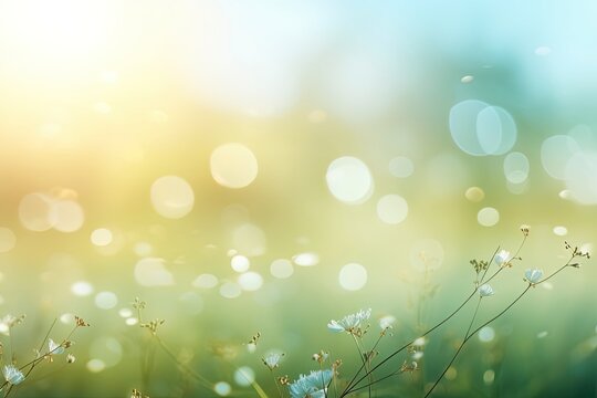 Earth day concept: Abstract blur beautiful soft green bokeh light meadow and blue sky on autumn sunrise background - generative ai