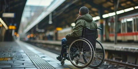 A man in a wheelchair sitting on a train platform. Generative AI. - Powered by Adobe