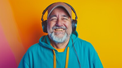 Portrait of a hipster man listening to music against a colorful background