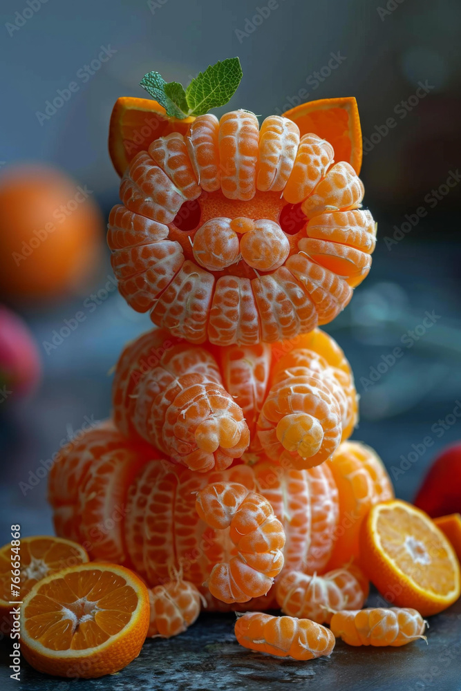 Poster a cat made out of oranges on a table. generative ai.