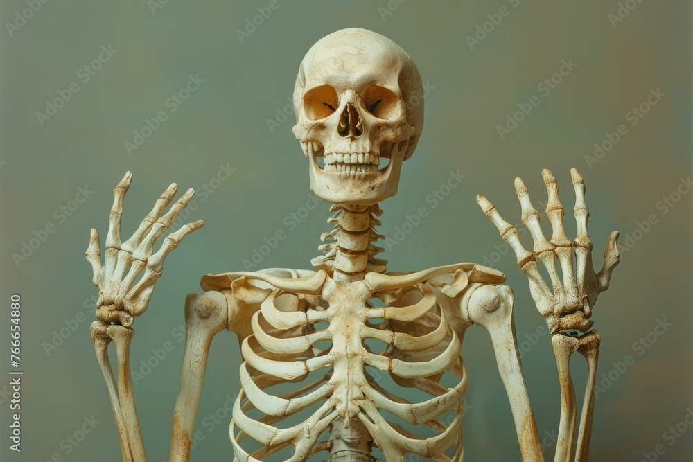 Poster a skeleton with hands up in a pose of surprise. generative ai.
