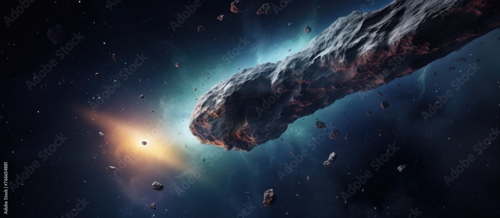 Poster an artist's interpretation of a huge asteroid floating in the vast expanse of outer space