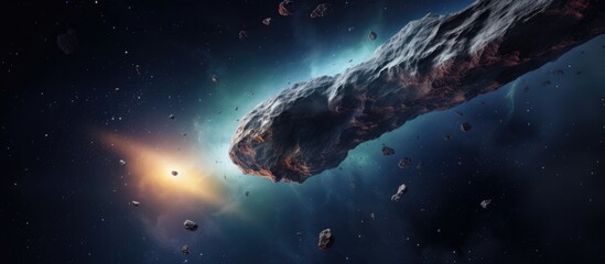 An artist's interpretation of a huge asteroid floating in the vast expanse of outer space