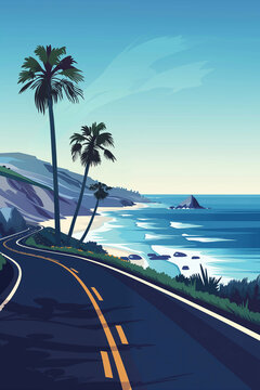 Vintage poster with palm trees and a road running trees to the beach. Ai generated image