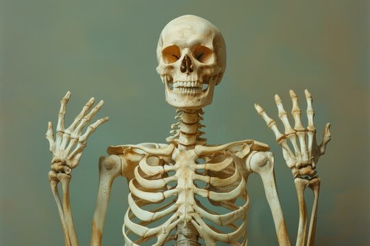A skeleton with hands up in a pose of surprise. Generative AI.