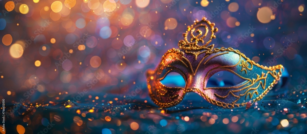 Poster a venetian mask on a blue background with lights. generative ai.