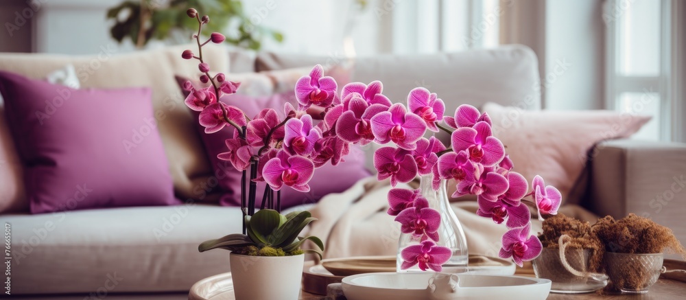 Poster there are two vases with flowers placed on a tray that is resting on a table