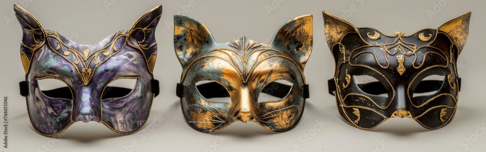 Aufkleber three different colored cat masks are shown in a row. generative ai.