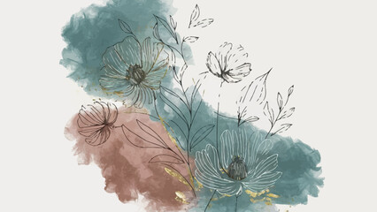 A captivating minimalist line art piece, masterfully blending charcoal shading, delicate gesso strokes, and a subtle pour of teal and terracotta watercolors. The elegant design showcases cosmo flowers - obrazy, fototapety, plakaty