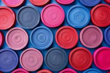 Colorful background of many pink and blue round wooden coasters arranged in a pattern