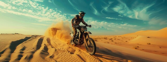 Motocross man biker in the desert dunes. Biker sports and recreation. Speeding and performing stunts. Dramatic cinematic background. Sandy summer dessert - obrazy, fototapety, plakaty