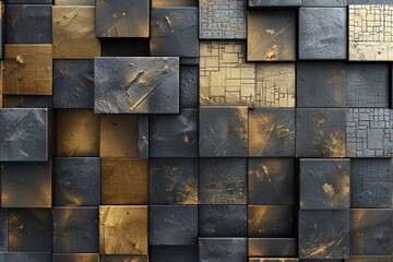 Modern abstract background featuring a series of dark gray and gold metal blocks with different textures arranged in an intricate pattern
