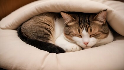 A Sleepy Cat Curled Up In A Cozy Bed