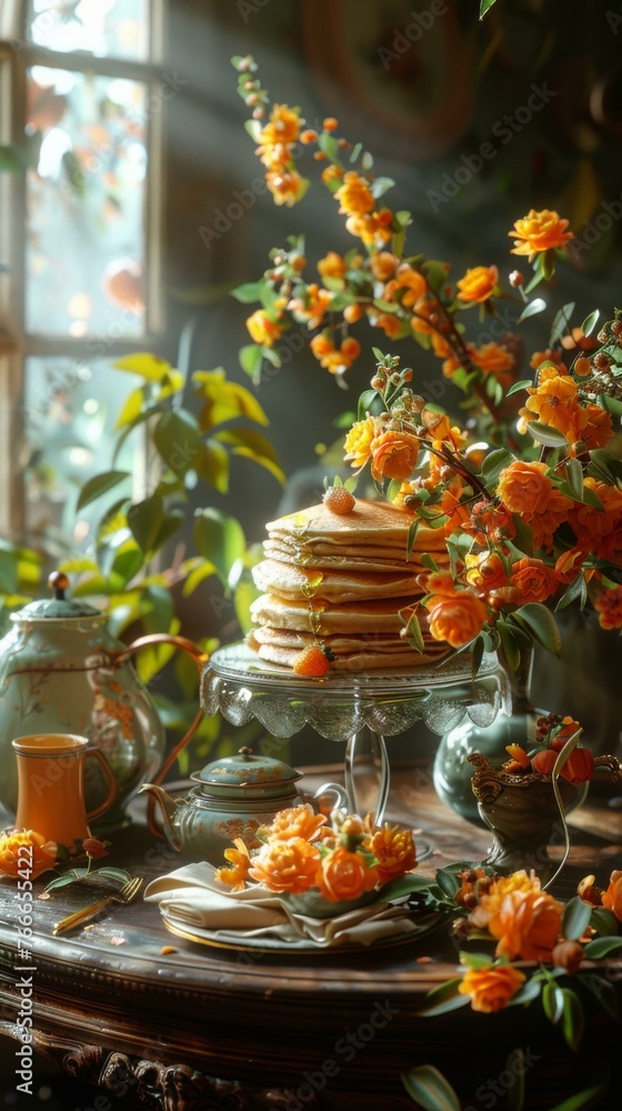 Poster a table with a stack of pancakes and orange flowers. generative ai.
