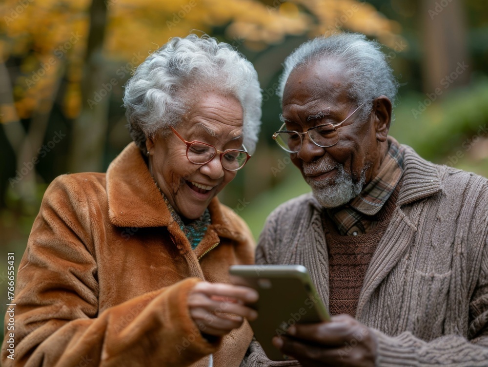 Canvas Prints An older couple is looking at a tablet together. Generative AI.